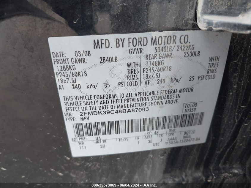 2008 Ford Edge Limited VIN: 2FMDK39C48BA87093 Lot: 39573069