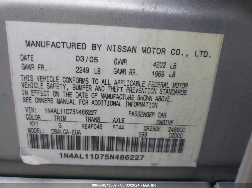 2005 Nissan Altima 2.5 S VIN: 1N4AL11D75N486227 Lot: 39573087