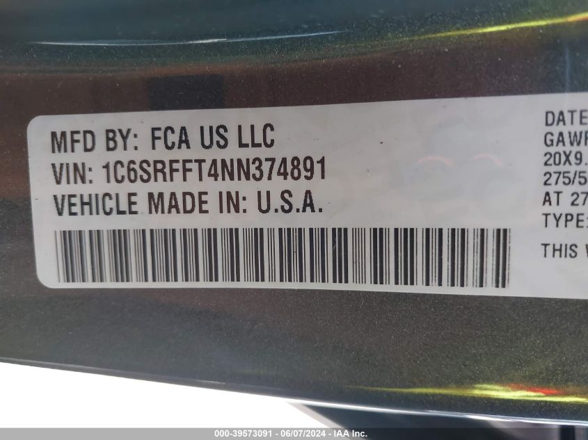 2022 Ram 1500 Big Horn 4X4 5'7 Box VIN: 1C6SRFFT4NN374891 Lot: 39573091