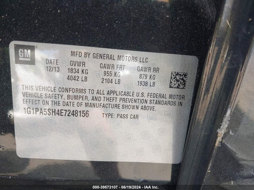 2014 Chevrolet Cruze Ls Auto VIN: 1G1PA5SH4E7248156 Lot: 39573107