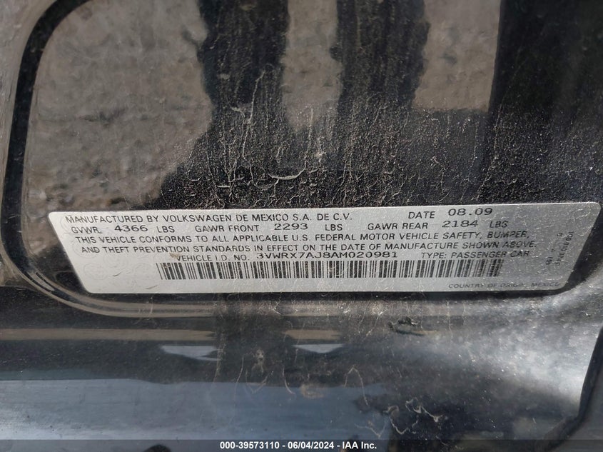 2010 Volkswagen Jetta Se VIN: 3VWRX7AJ8AM020981 Lot: 39573110