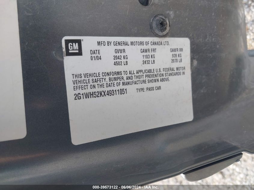 2004 Chevrolet Impala Ls VIN: 2G1WH52KX49311051 Lot: 39573122