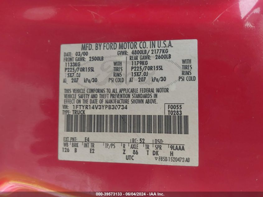 2000 Ford Ranger Xl/Xlt VIN: 1FTYR14V3YPB30734 Lot: 39573133