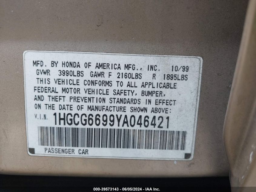 2000 Honda Accord 2.3 Se VIN: 1HGCG6699YA046421 Lot: 39573143