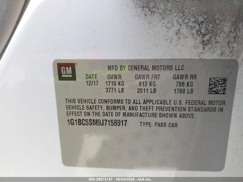 2018 Chevrolet Cruze Ls Auto VIN: 1G1BC5SM9J7158917 Lot: 39573147