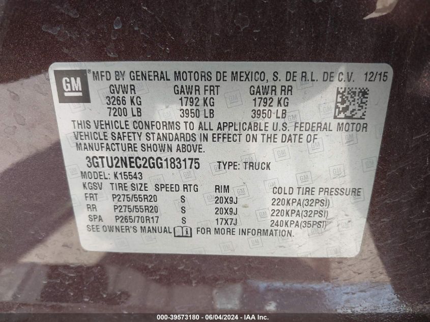 3GTU2NEC2GG183175 2016 GMC Sierra 1500 Slt