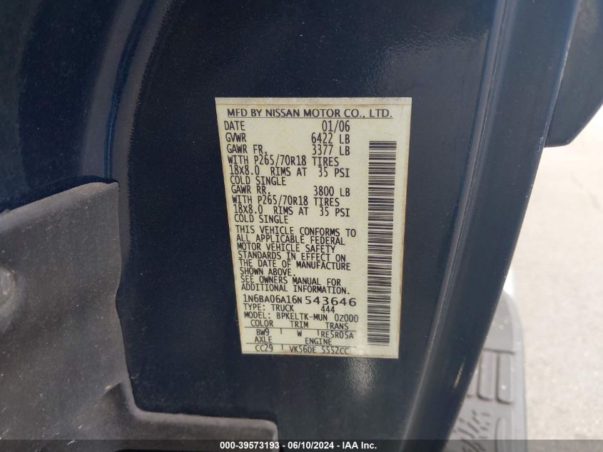 2006 Nissan Titan Se VIN: 1N6BA06A16N543646 Lot: 39573193