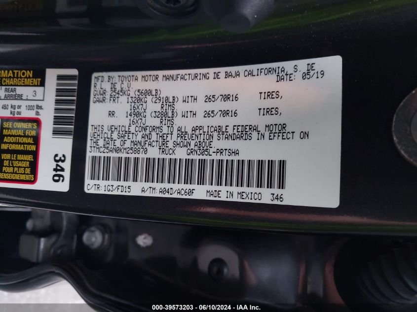 2019 Toyota Tacoma Trd Off Road VIN: 3TMCZ5AN0KM258870 Lot: 39573203