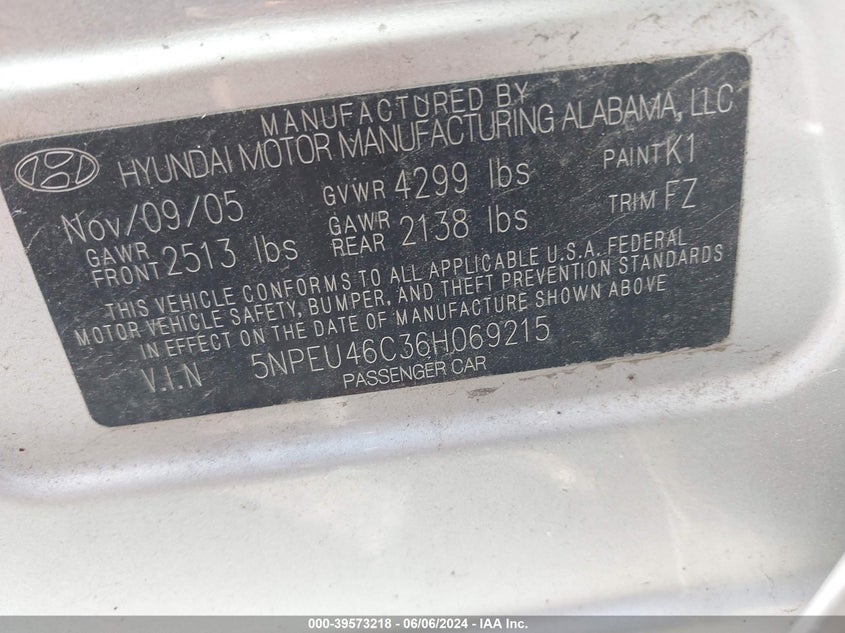 5NPEU46C36H069215 2006 Hyundai Sonata Gls