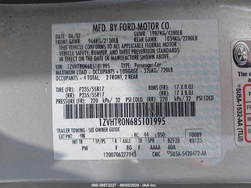 2008 Ford Mustang V6 Deluxe/V6 Premium VIN: 1ZVHT80N685101995 Lot: 39573227