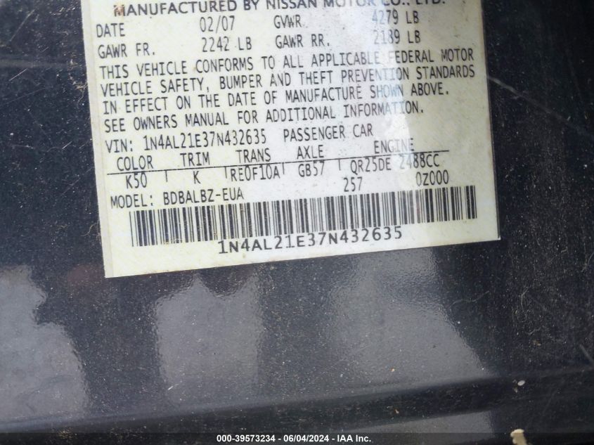 2007 Nissan Altima 2.5 S VIN: 1N4AL21E37N432635 Lot: 39573234