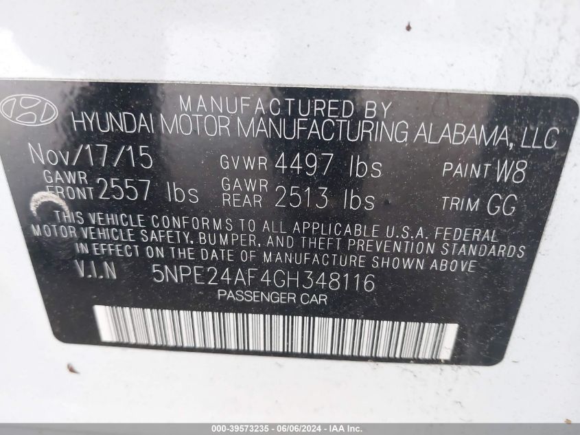 2016 Hyundai Sonata Se VIN: 5NPE24AF4GH348116 Lot: 39573235