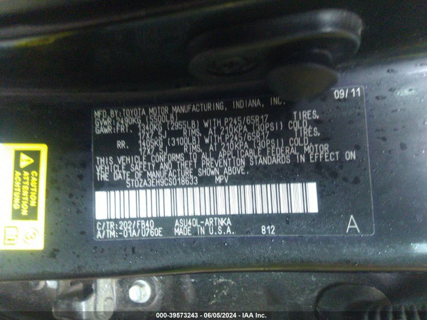 2012 Toyota Highlander VIN: 5TDZA3EH9CS018633 Lot: 39573243