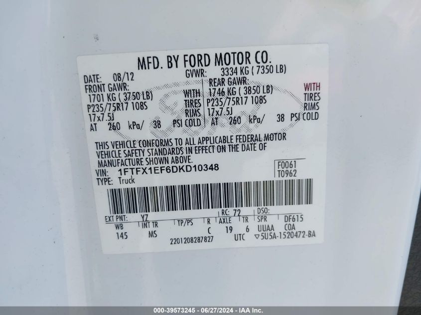 2013 Ford F-150 Xlt VIN: 1FTFX1EF6DKD10348 Lot: 39573245