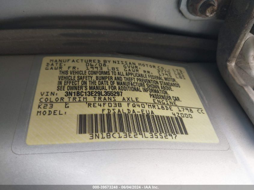 2009 Nissan Versa 1.8S VIN: 3N1BC13E29L355297 Lot: 39573248