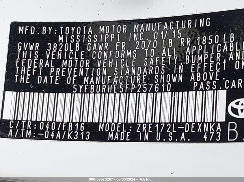 2015 Toyota Corolla Le VIN: 5YFBURHE5FP257610 Lot: 39573267