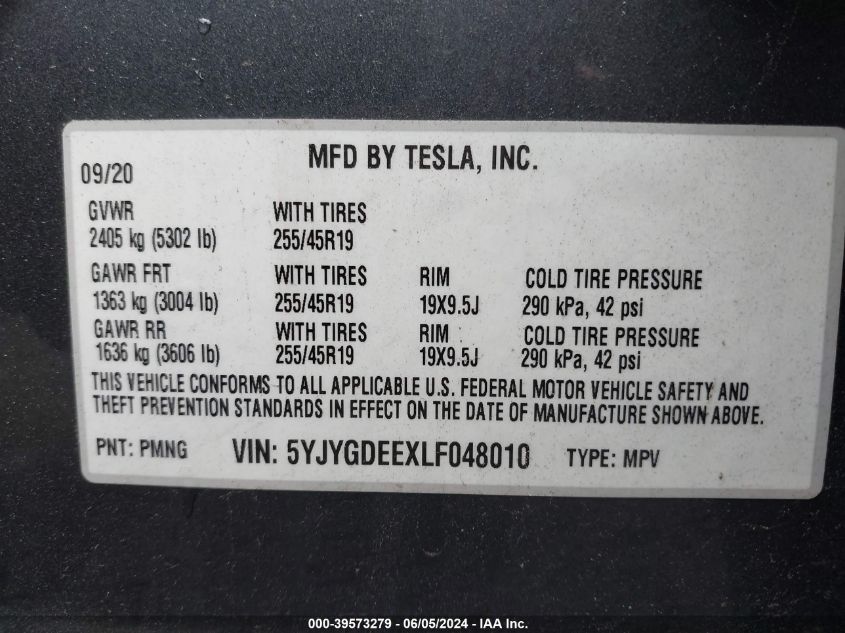 2020 TESLA MODEL Y LONG RANGE DUAL MOTOR ALL-WHEEL DRIVE - 5YJYGDEEXLF048010