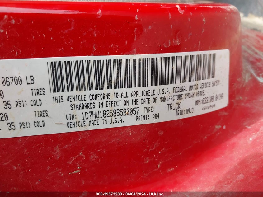 2008 Dodge Ram 1500 Slt VIN: 1D7HU18258S590057 Lot: 39573280