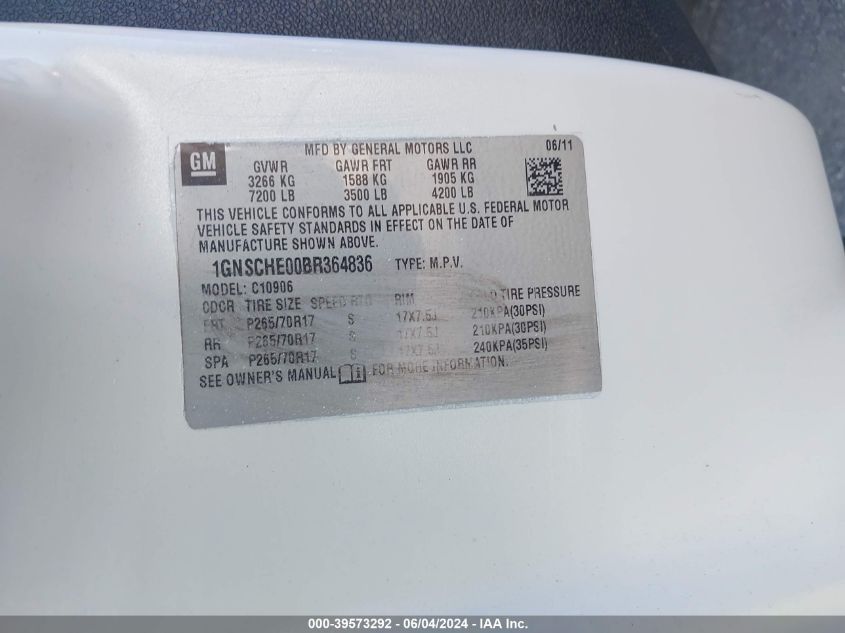 2011 Chevrolet Suburban 1500 Ls VIN: 1GNSCHE00BR364836 Lot: 39573292