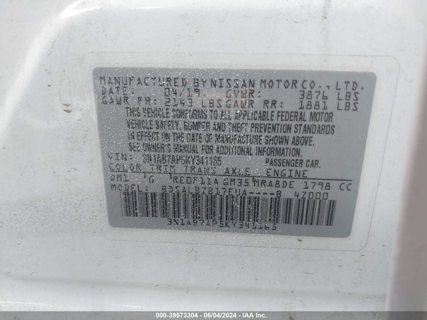 3N1AB7AP5KY341165 2019 Nissan Sentra S