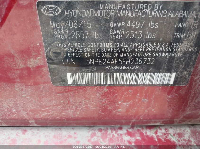 2015 Hyundai Sonata Se VIN: 5NPE24AF5FH236732 Lot: 39573307