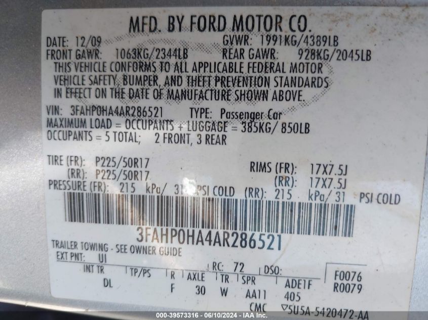 2010 Ford Fusion Se VIN: 3FAHP0HA4AR286521 Lot: 39573316