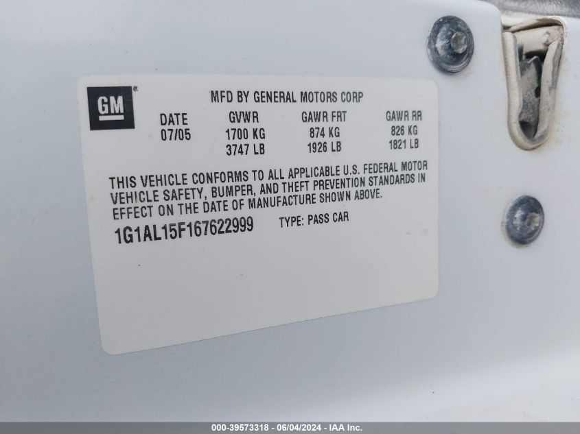 2006 Chevrolet Cobalt Lt VIN: 1G1AL15F167622999 Lot: 39573318