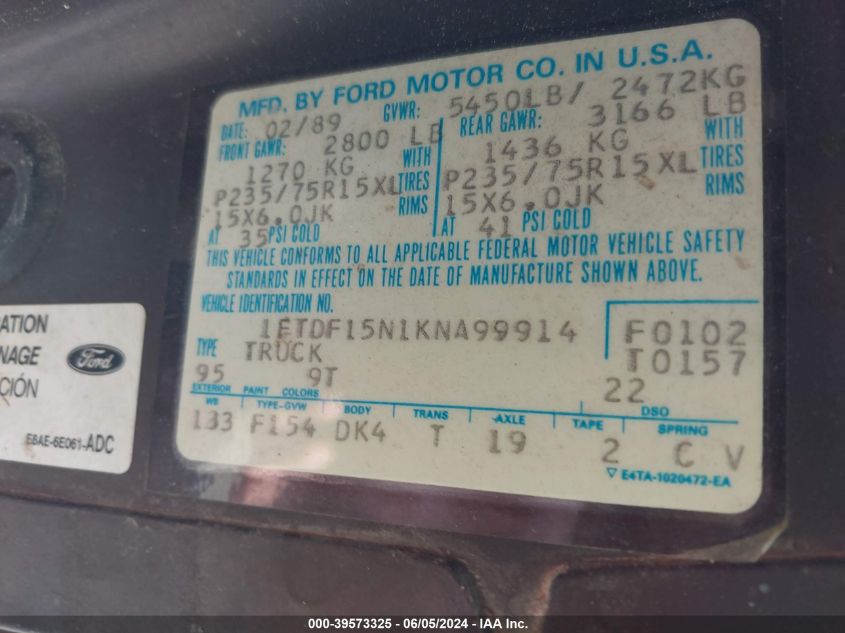 1989 Ford F150 VIN: 1FTDF15N1KNA99914 Lot: 39573325