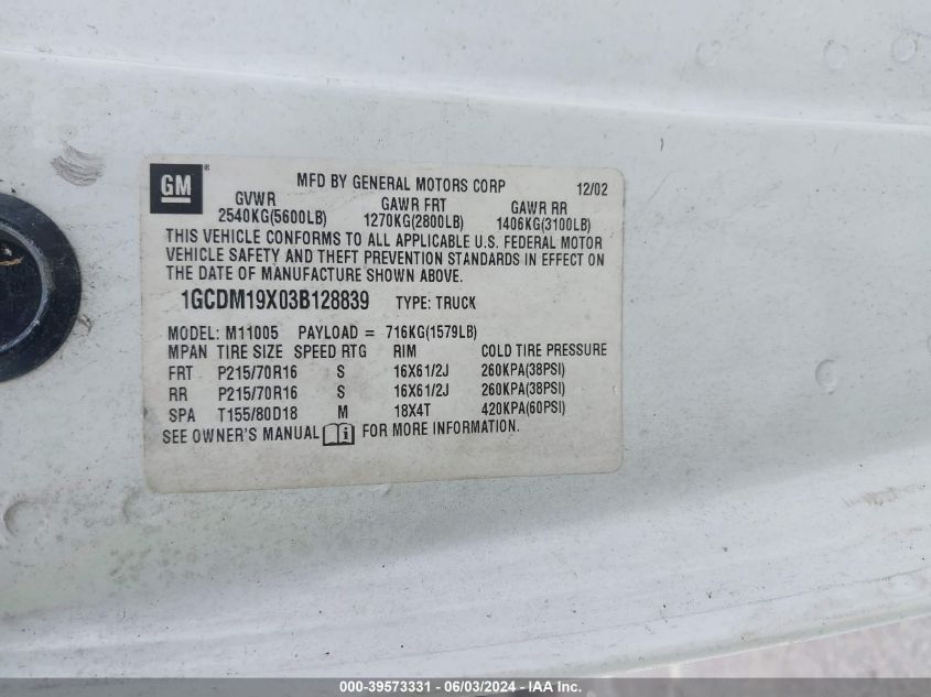 2003 Chevrolet Astro VIN: 1GCDM19X03B128839 Lot: 39573331