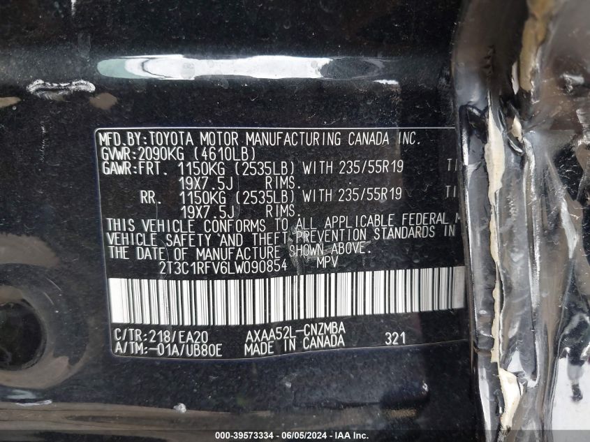 2020 Toyota Rav4 Xle Premium VIN: 2T3C1RFV6LW090854 Lot: 39573334