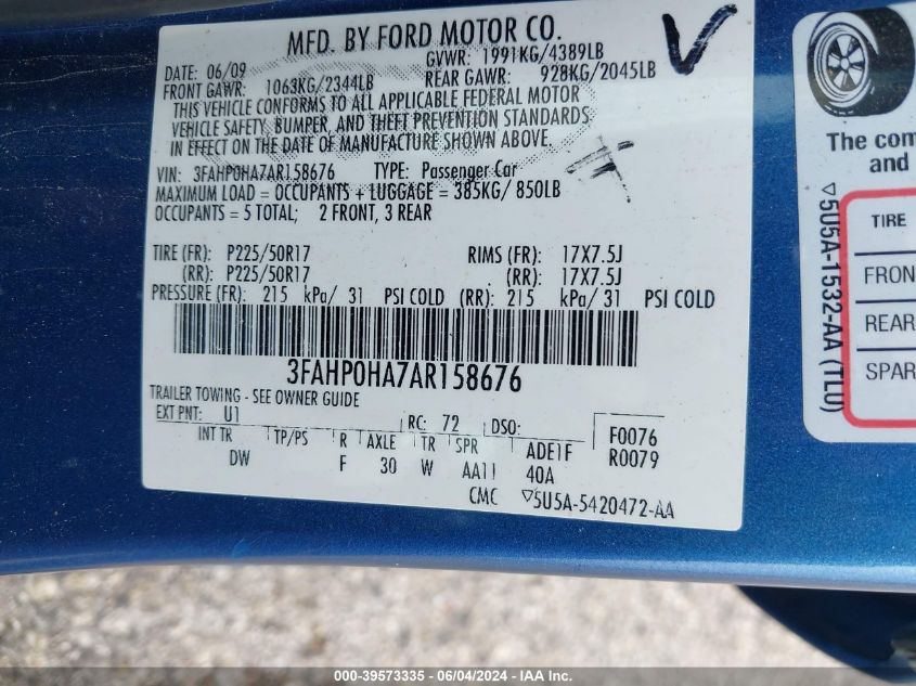 2010 Ford Fusion Se VIN: 3FAHP0HA7AR158676 Lot: 39573335