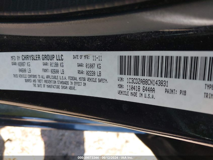 2012 Dodge Avenger Se VIN: 1C3CDZAB8CN143831 Lot: 39573344