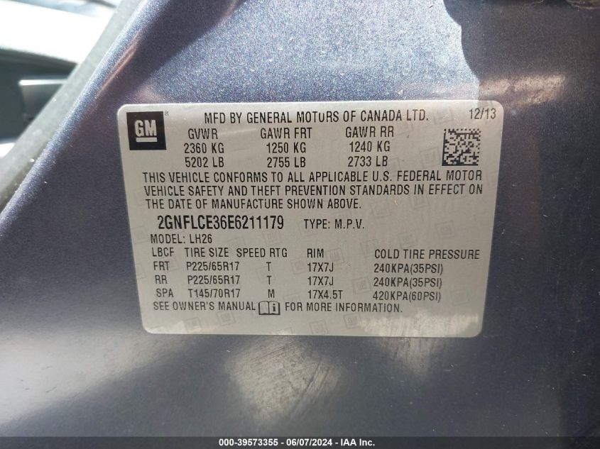 2014 Chevrolet Equinox 2Lt VIN: 2GNFLCE36E6211179 Lot: 39573355