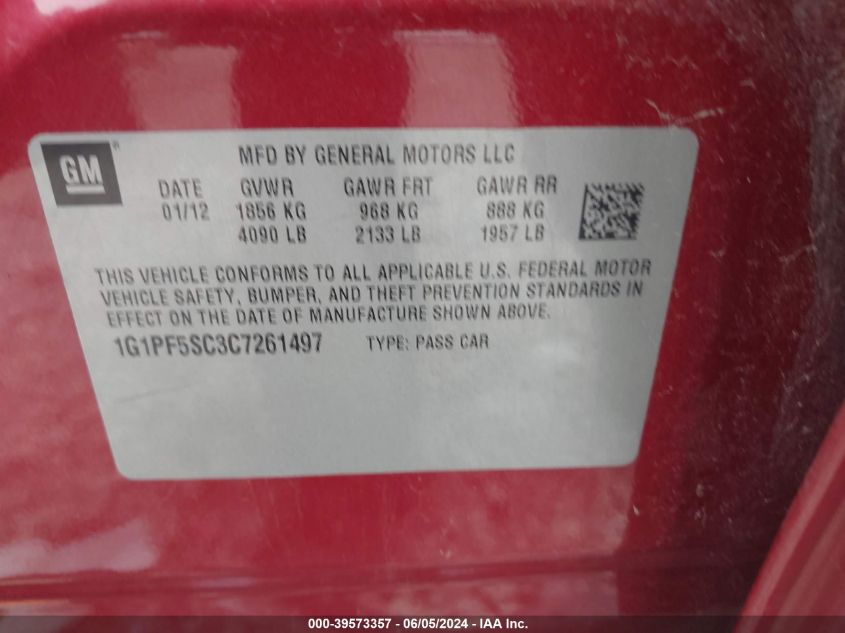 2012 Chevrolet Cruze 1Lt VIN: 1G1PF5SC3C7261497 Lot: 39573357