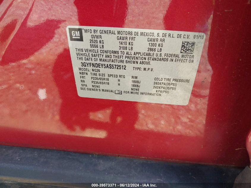 2010 Cadillac Srx Luxury Collection VIN: 3GYFNDEY5AS572512 Lot: 39573371