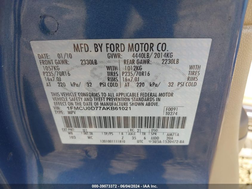 1FMCU0D77AKB61021 2010 Ford Escape Xlt