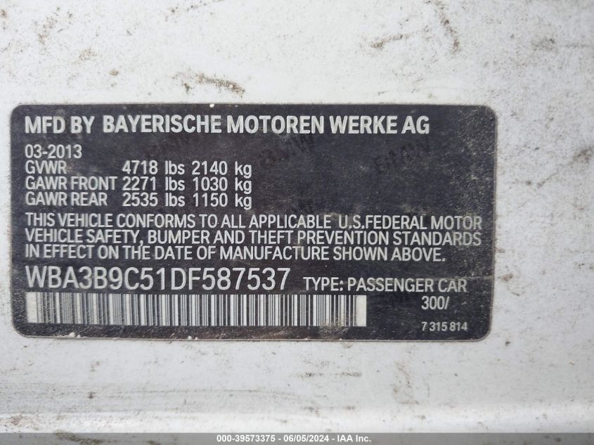 2013 BMW 335I xDrive VIN: WBA3B9C51DF587537 Lot: 39573375
