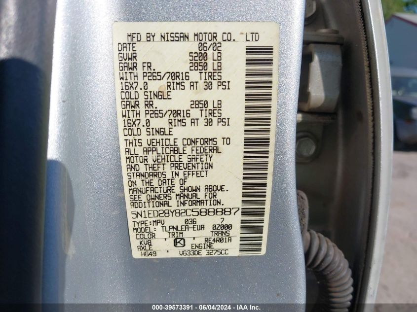 2002 Nissan Xterra Xe VIN: 5N1ED28Y82C588887 Lot: 39573391