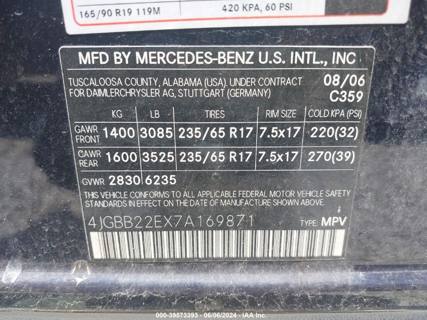 2007 Mercedes-Benz Ml 320 Cdi 4Matic VIN: 4JGBB22EX7A169871 Lot: 39573393