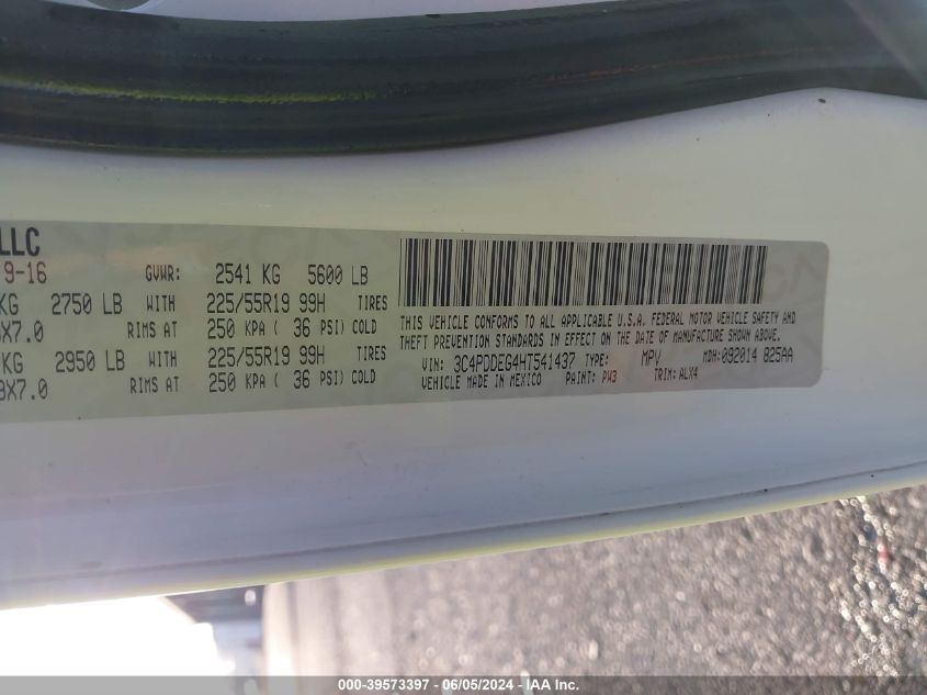 2017 Dodge Journey Gt Awd VIN: 3C4PDDEG4HT541437 Lot: 39573397