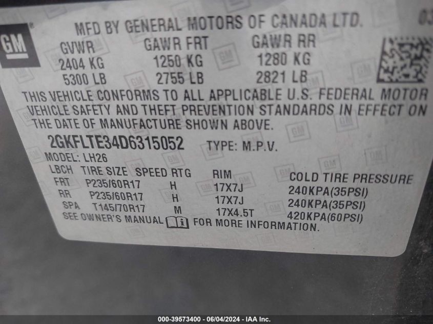 2013 GMC Terrain Sle-2 VIN: 2GKFLTE34D6315052 Lot: 39573400