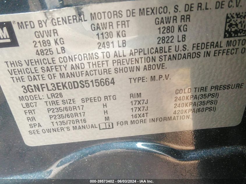 2013 Chevrolet Captiva Sport Lt VIN: 3GNFL3EK0DS515664 Lot: 39573402