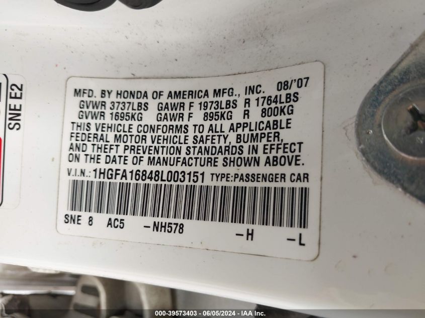 2008 Honda Civic Ex VIN: 1HGFA16848L003151 Lot: 39573403