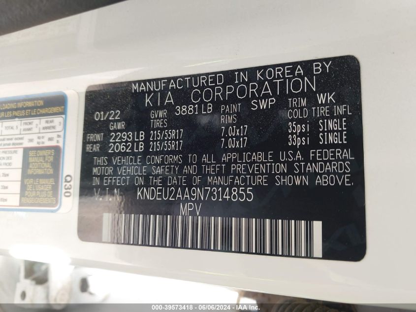 2022 Kia Seltos S VIN: KNDEU2AA9N7314855 Lot: 39573418