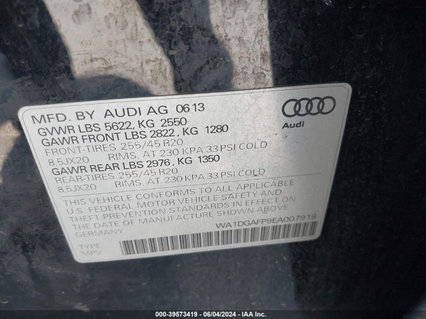 2014 Audi Q5 3.0T Premium Plus VIN: WA1DGAFP9EA007919 Lot: 39573419