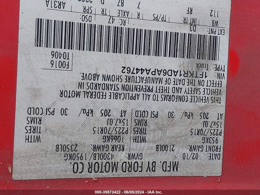 2010 Ford Ranger VIN: 1FTKR1AD6APA44762 Lot: 39573422