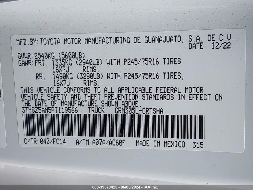 2023 Toyota Tacoma Sr5 V6 VIN: 3TYSZ5AN5PT119566 Lot: 39573425