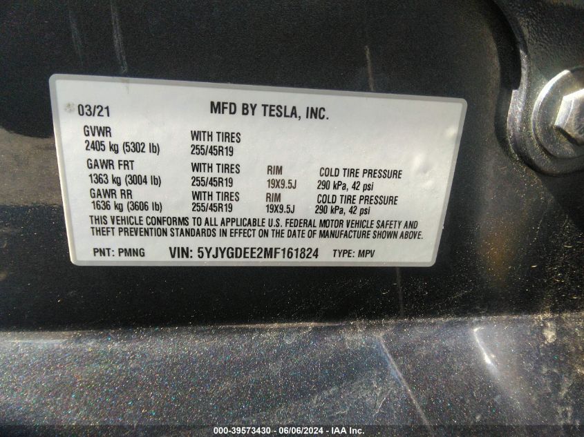 2021 Tesla Model Y Long Range Dual Motor All-Wheel Drive VIN: 5YJYGDEE2MF161824 Lot: 39573430