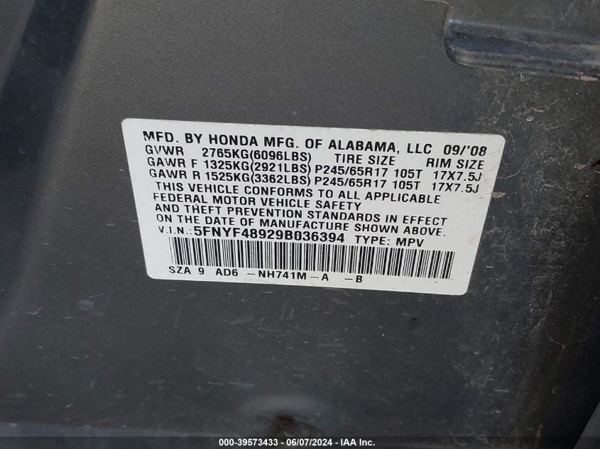 2009 Honda Pilot Touring VIN: 5FNYF48929B036394 Lot: 39573433