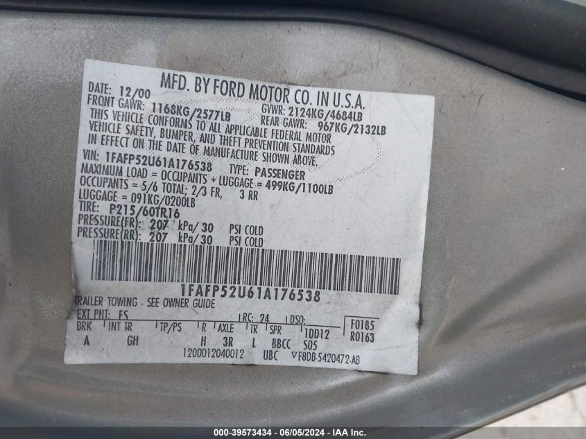 2001 Ford Taurus Lx VIN: 1FAFP52U61A176538 Lot: 39573434